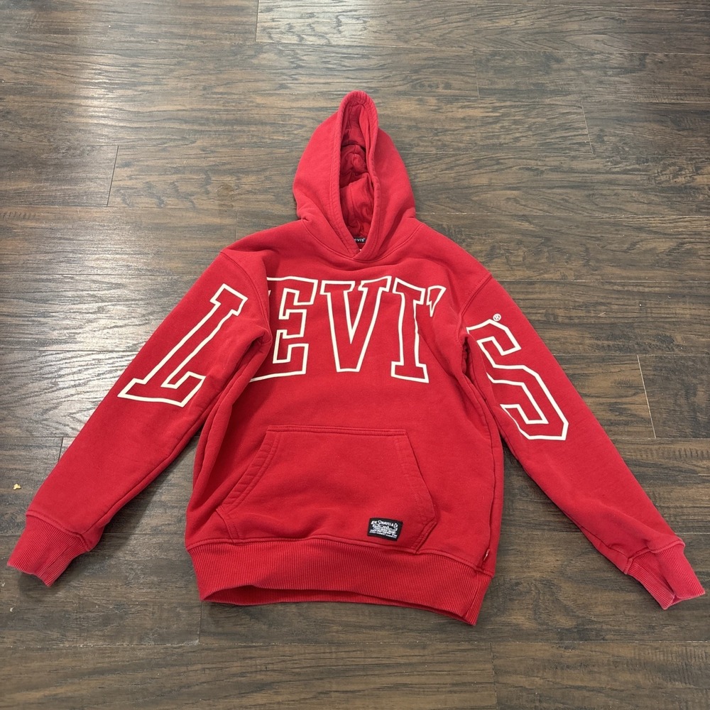 Levi's Youth Large Red Hoodie Big Logo Spellout Pullover Sweatshirt Kids L